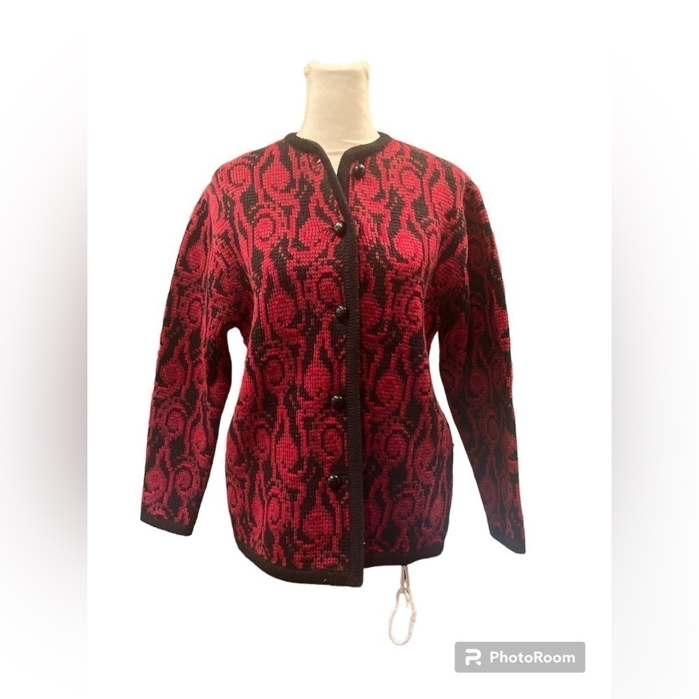 Vintage Esmo Modelle Red‎ Black Merino Wool Cardigan Sweater Western Germany